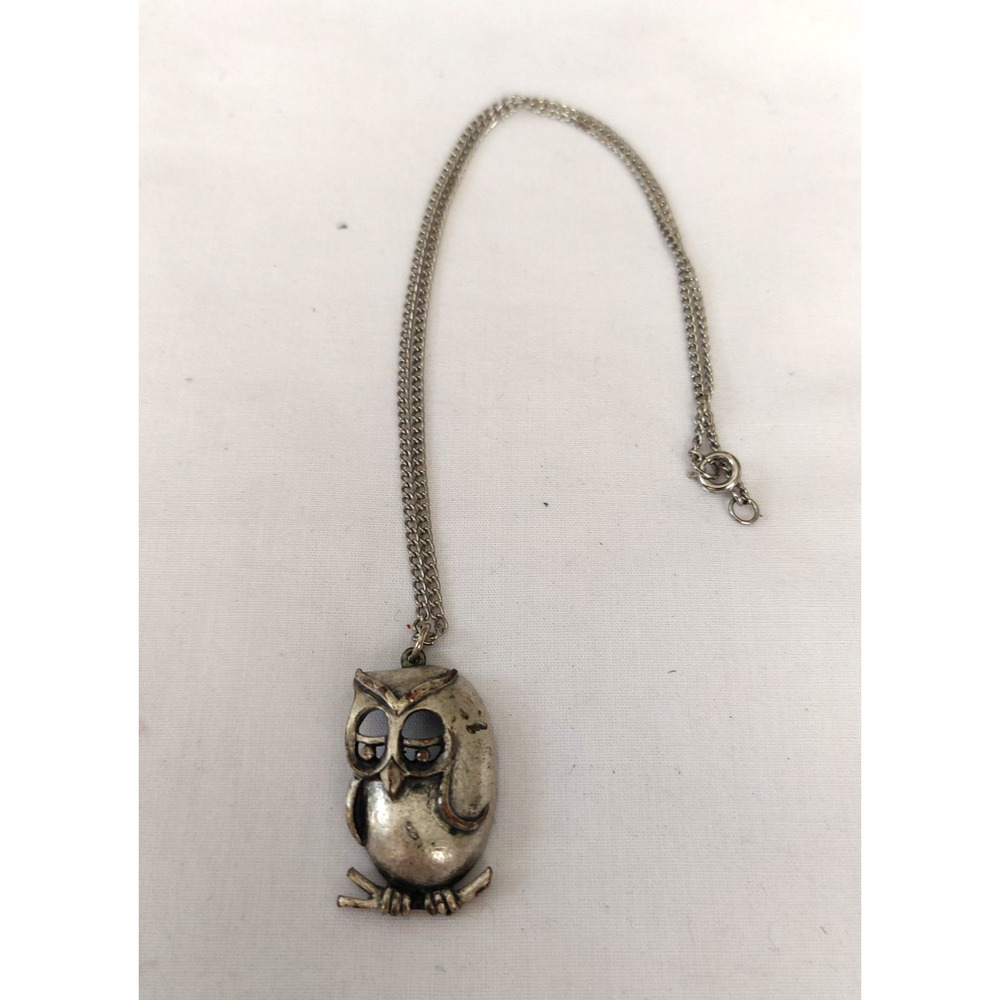 Vintage Silver Tone Owl Pendant Pewter 15" Necklace Owl Pendant 1"